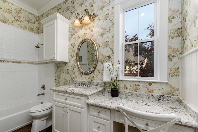 full bathroom featuring vanity, a healthy amount of sunlight, ornamental molding, and tiled shower / bath combo