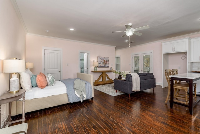 bedroom featuring ceiling fan, dark hardwood / wood-style flooring, french doors, and ornamental molding