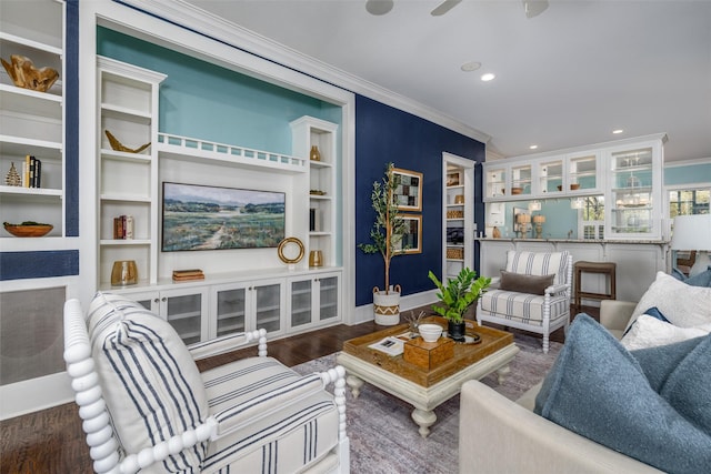 814 Barnes St, Mckinney, TX 75069 - living room with ornamental molding, wood finished floors, recessed lighting, baseboards, and built in shelves