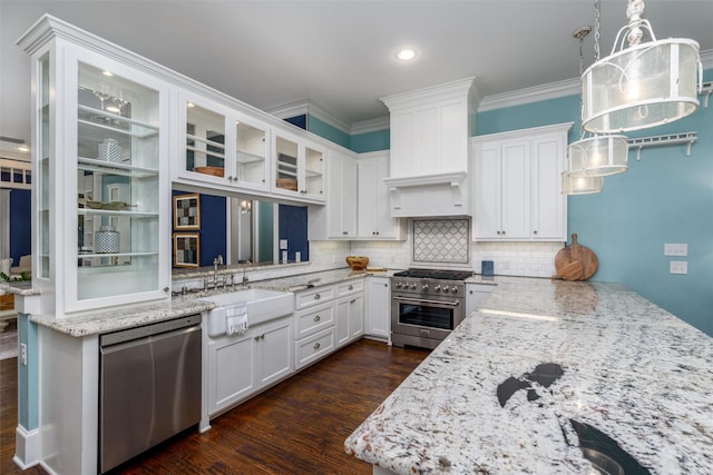 kitchen featuring sink, hanging light fixtures, dark hardwood / wood-style floors, appliances with stainless steel finishes, and white cabinetry