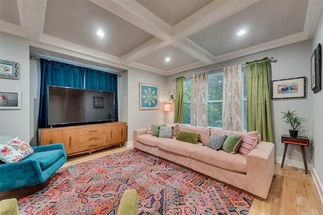 living room featuring beamed ceiling, light wood-type flooring, and coffered ceiling