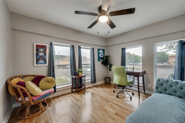 home office featuring ceiling fan and light hardwood / wood-style flooring