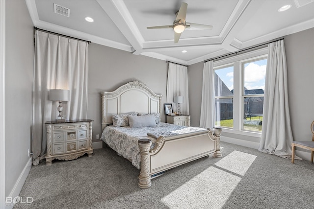 bedroom with carpet flooring, ornamental molding, coffered ceiling, ceiling fan, and beam ceiling