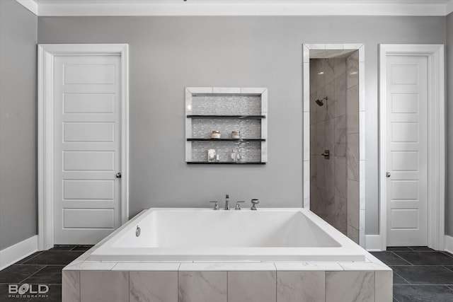 bathroom with tile patterned flooring and plus walk in shower