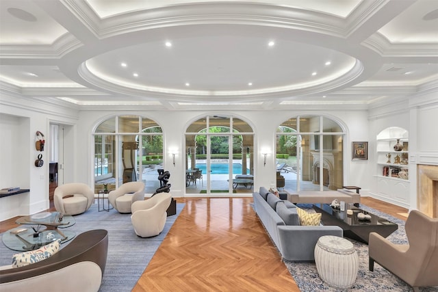 living room featuring built in shelves, plenty of natural light, french doors, and ornamental molding