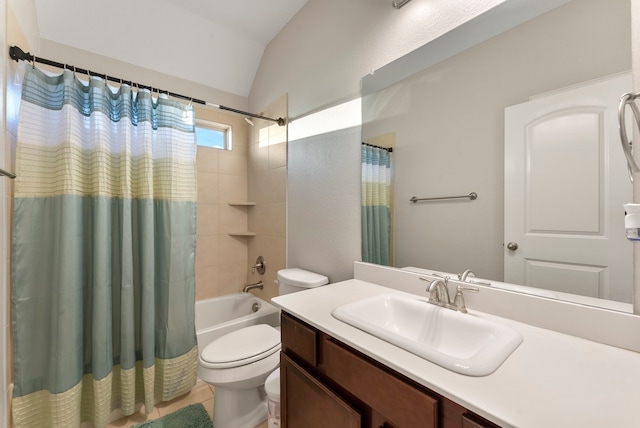 full bathroom with vanity, shower / bathtub combination with curtain, tile patterned flooring, toilet, and lofted ceiling