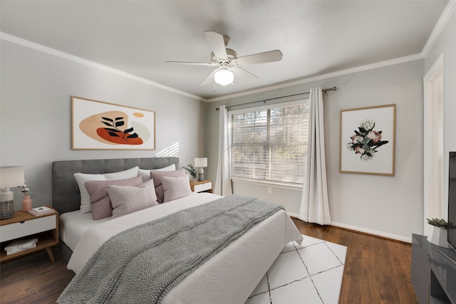 bedroom with ceiling fan, crown molding, and dark wood-type flooring