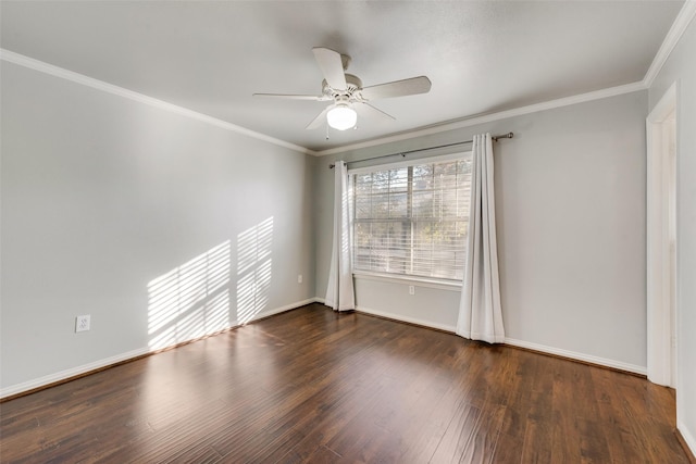 unfurnished room featuring crown molding, dark hardwood / wood-style flooring, and ceiling fan