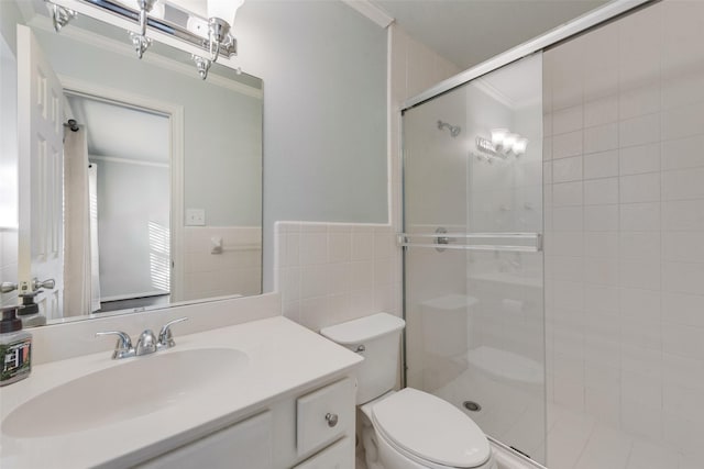 bathroom with crown molding, an enclosed shower, tile walls, and toilet