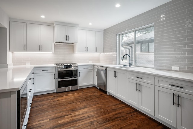 kitchen featuring dark hardwood / wood-style floors, sink, white cabinetry, and stainless steel appliances