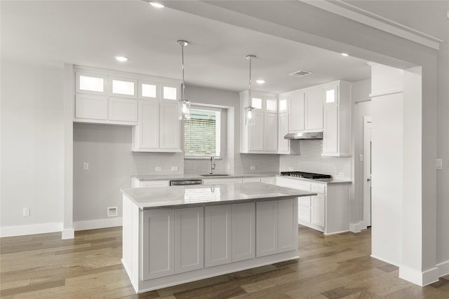 1347 Overton St, Frisco, TX 75036 - kitchen with white cabinets, decorative backsplash, recessed lighting, under cabinet range hood, and a sink