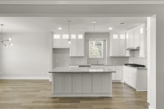 1347 Overton St, Frisco, TX 75036 - kitchen featuring a sink, under cabinet range hood, a kitchen island, light wood-style flooring, and recessed lighting
