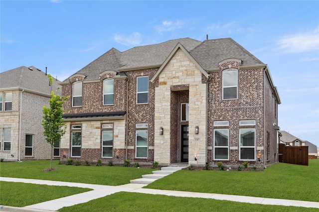 1347 Overton St, Frisco, TX 75036 - french country style house with stone siding, roof with shingles, and brick siding
