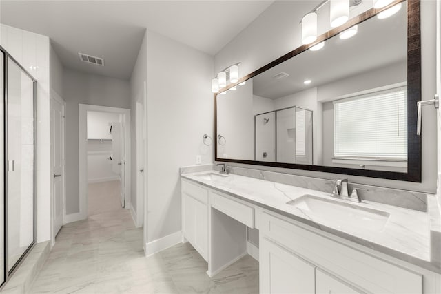 1347 Overton St, Frisco, TX 75036 - full bathroom with a stall shower, marble look tile flooring, a spacious closet, double vanity, and baseboards
