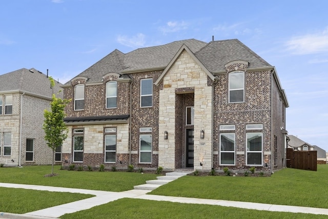 1347 Overton St, Frisco, TX 75036 - french country style house featuring stone siding, a front lawn, roof with shingles, and brick siding