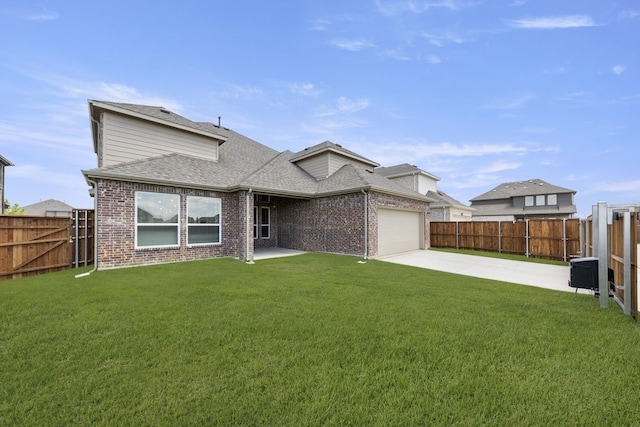 1347 Overton St, Frisco, TX 75036 - rear view of house featuring an attached garage, brick siding, concrete driveway, a shingled roof, and a patio
