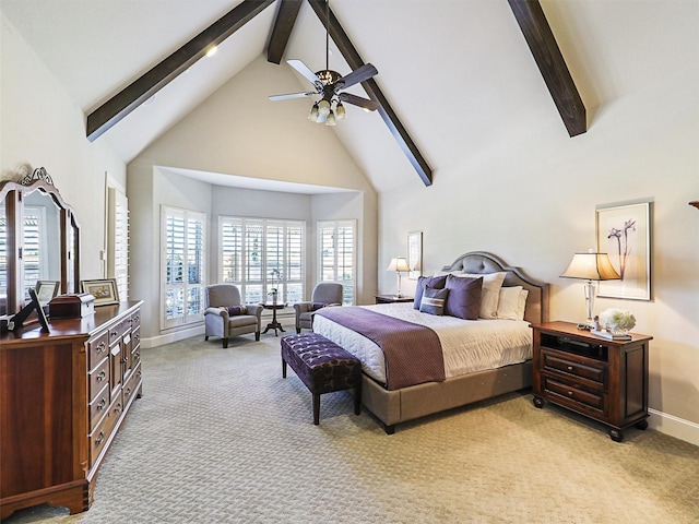 carpeted bedroom featuring beamed ceiling, ceiling fan, and high vaulted ceiling