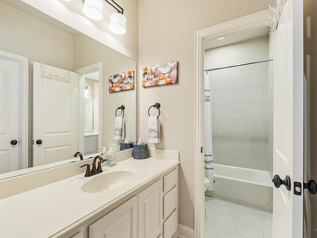 full bathroom with tile patterned flooring, vanity, toilet, and shower / bathtub combination with curtain