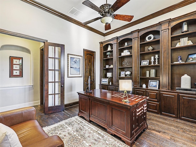 home office featuring ceiling fan, dark hardwood / wood-style flooring, french doors, and ornamental molding