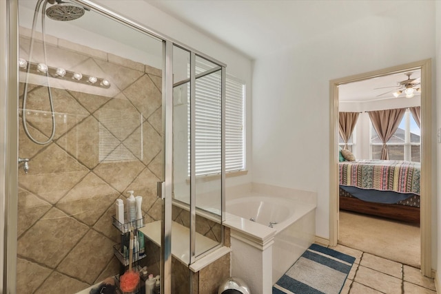 bathroom with separate shower and tub, ceiling fan, and tile patterned flooring