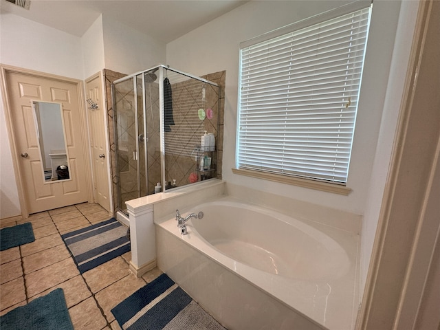 1700 Warm Springs Dr, Allen, TX 75002 - bathroom featuring tile patterned floors, a bath, visible vents, and a shower stall