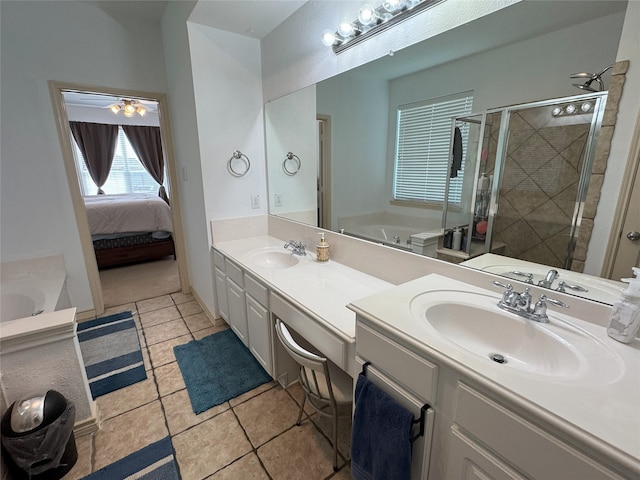1700 Warm Springs Dr, Allen, TX 75002 - full bathroom with a shower stall, tile patterned floors, double vanity, and a sink