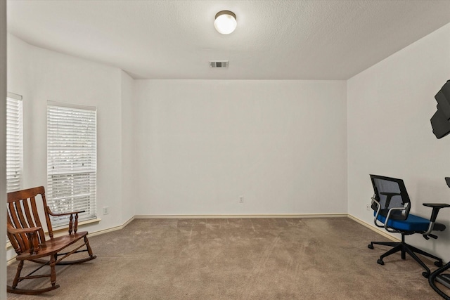 home office featuring carpet flooring and a textured ceiling