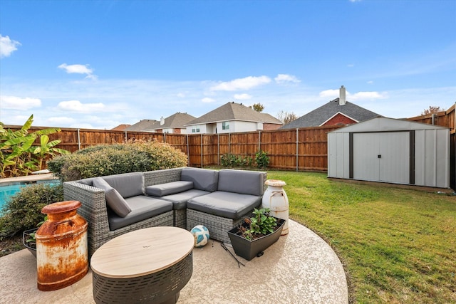 view of patio / terrace featuring an outdoor hangout area and a storage unit