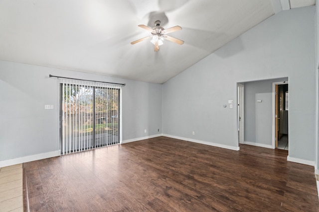 unfurnished room featuring dark hardwood / wood-style floors, ceiling fan, and high vaulted ceiling