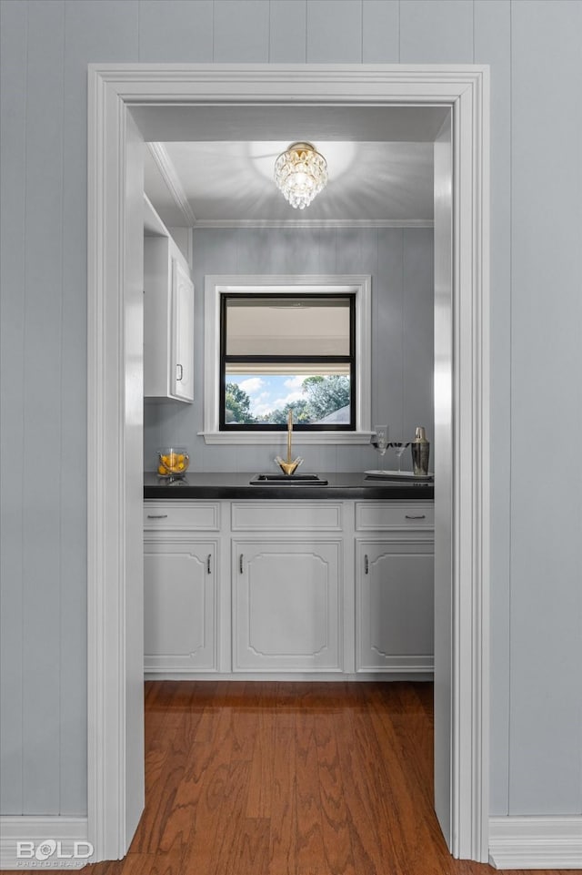 interior space featuring white cabinetry, sink, dark wood-type flooring, and crown molding