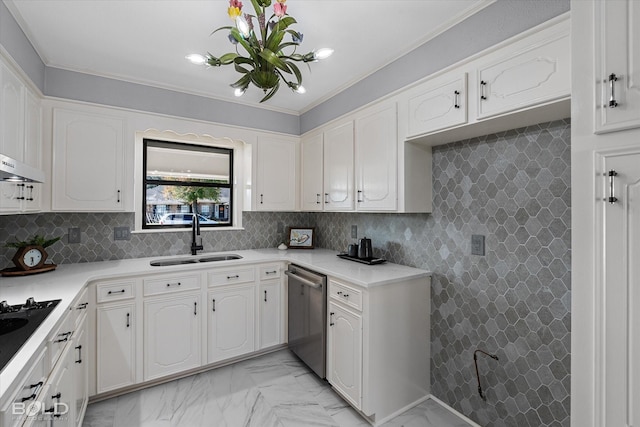 kitchen with sink, white cabinetry, ornamental molding, dishwasher, and decorative backsplash