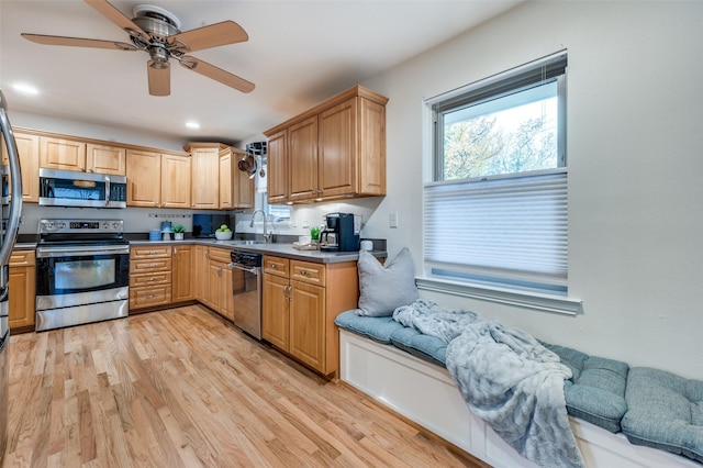 kitchen with sink, light hardwood / wood-style flooring, ceiling fan, and appliances with stainless steel finishes