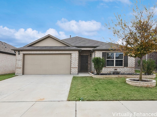 single story home featuring a garage and a front lawn