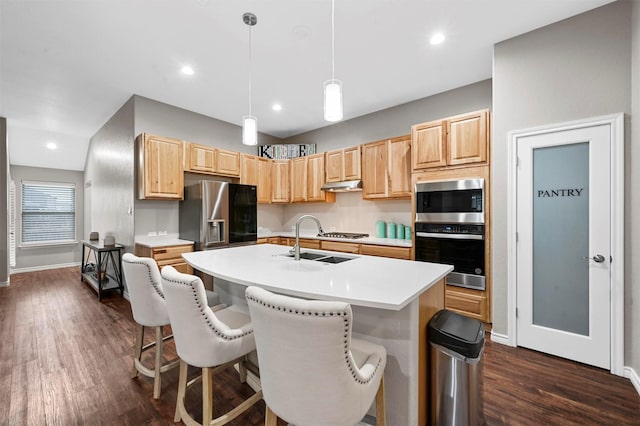 kitchen featuring dark hardwood / wood-style floors, light brown cabinetry, sink, and appliances with stainless steel finishes