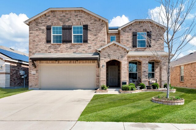 view of front property featuring cooling unit, a garage, and a front lawn