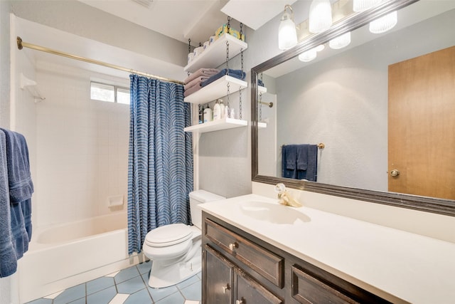 full bathroom with tile patterned flooring, vanity, toilet, and shower / bathtub combination with curtain