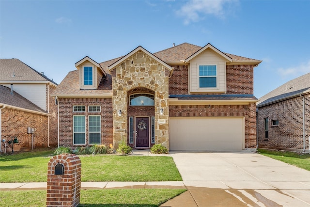 view of front of house featuring a front yard and a garage