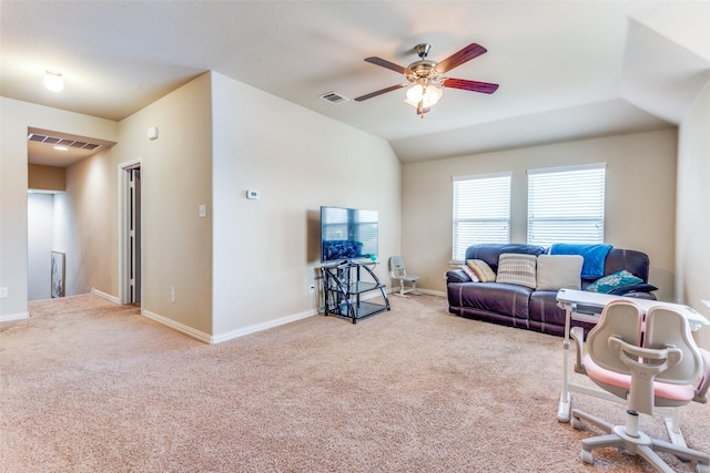 living room with light carpet, ceiling fan, and lofted ceiling