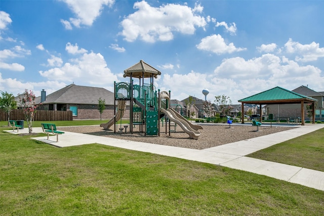 view of play area featuring a gazebo and a yard