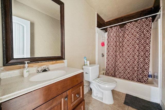 full bathroom featuring tile patterned flooring, vanity, toilet, and shower / bathtub combination with curtain