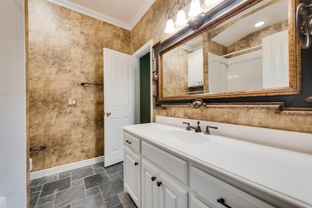 bathroom featuring a shower, toilet, vanity, and ornamental molding