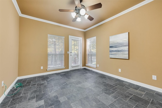 unfurnished room featuring crown molding and ceiling fan