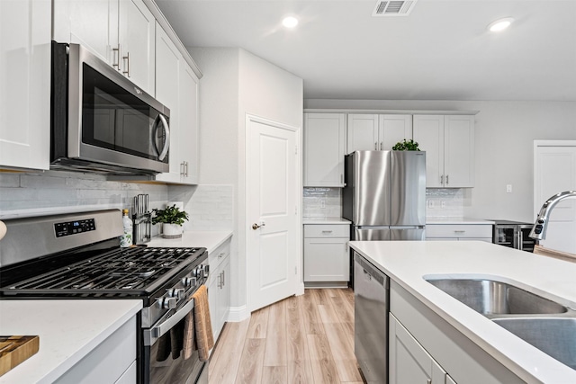 kitchen featuring sink, white cabinets, light wood-type flooring, and appliances with stainless steel finishes