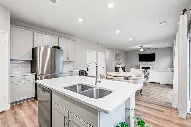 kitchen featuring appliances with stainless steel finishes, light wood-type flooring, backsplash, sink, and an island with sink