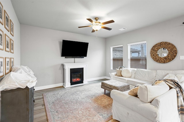 living room with hardwood / wood-style flooring and ceiling fan