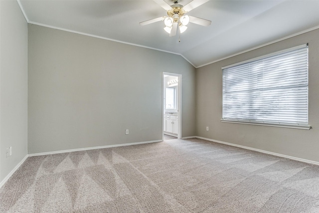 carpeted spare room featuring ceiling fan, lofted ceiling, and ornamental molding