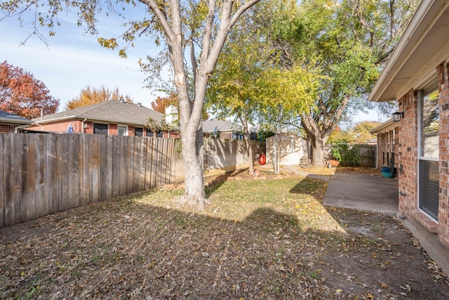 view of yard with a storage unit and a patio area