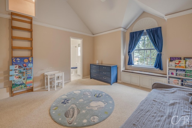 bedroom with light carpet, ensuite bathroom, crown molding, and lofted ceiling