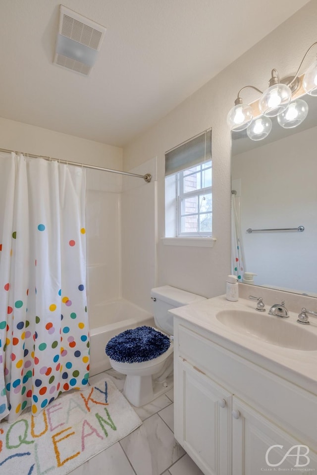 full bathroom featuring vanity, toilet, and shower / bathtub combination with curtain