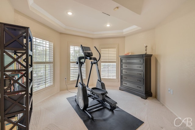 workout room featuring a tray ceiling, light carpet, and crown molding